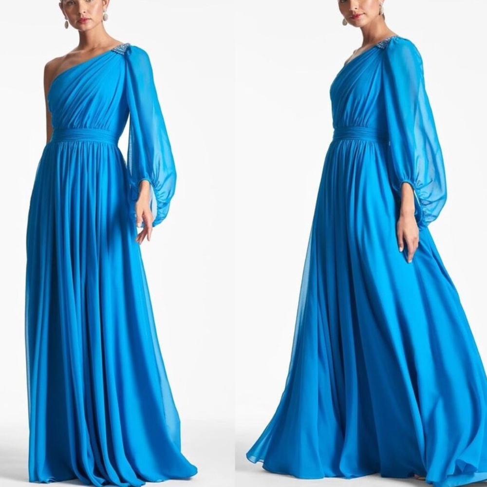 Sachin & Babi Makayla Azure Blue Chiffon Embellished Puff One-Shoulder Maxi Gown